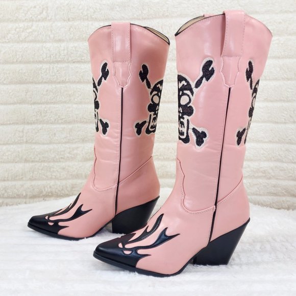 Ghost Rider Embroidered Skull & Bones Pink Cowboy Western Cowgirl Boots New - Picture 6 of 12